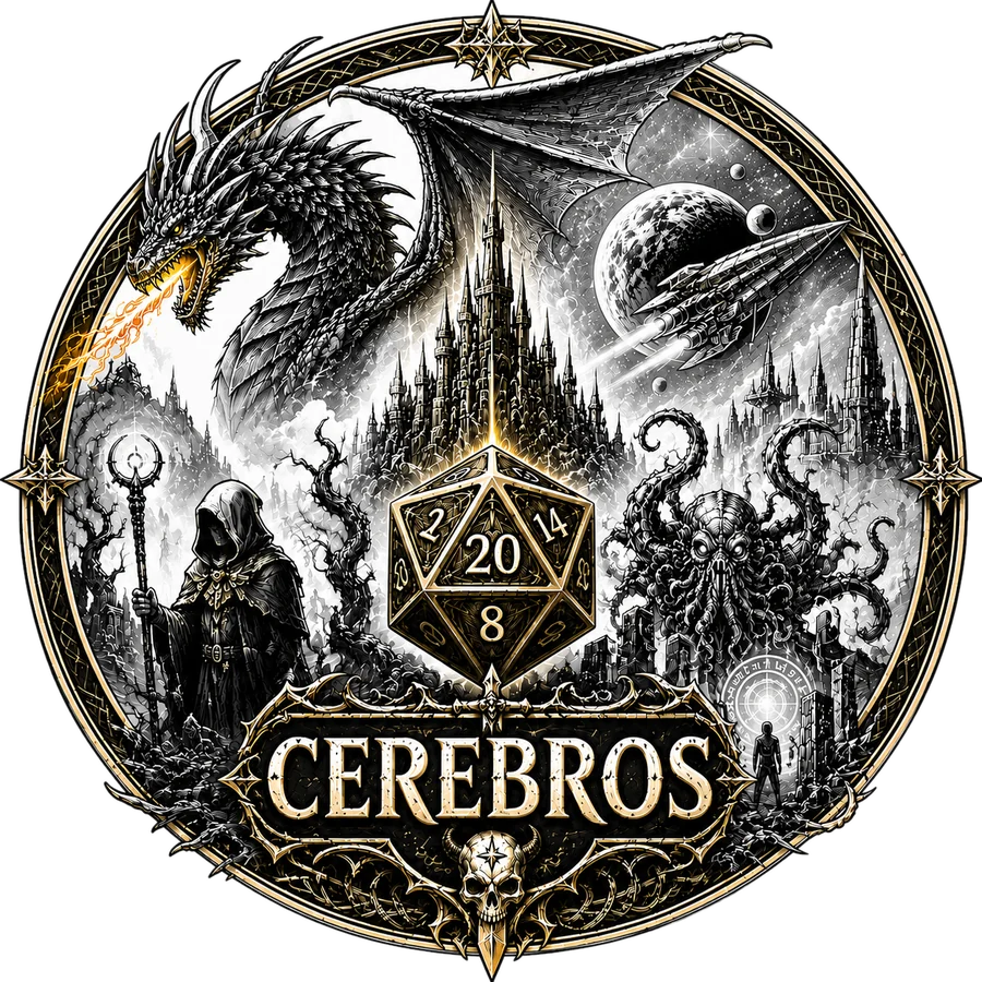 Cerebros – Logo der Rollenspielrunde: ein Drache, eine Burg und ein zwanzigseitiger Würfel in einem goldenen Ring